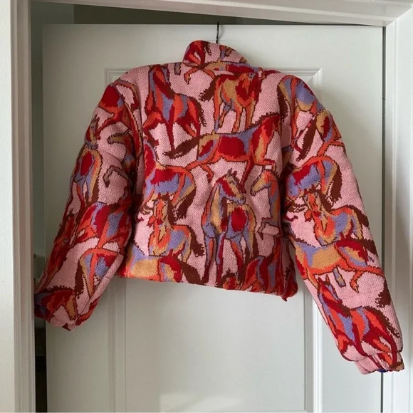 Farm Rio Rose Wild Horses Tricot Reversible Puffer Jacket - Picture 8 of 12